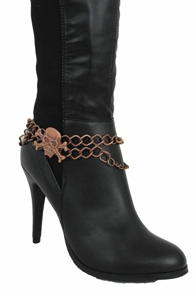 Women Antique Gold Boot Chain Strap Skeleton Skull Western Shoe Big Charm Look