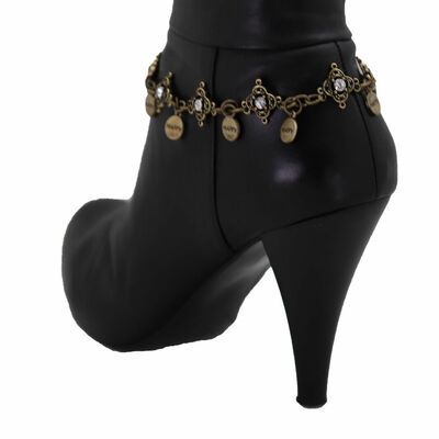 Women antique gold color rusty metal chain links boot bracelet shoe happy charms