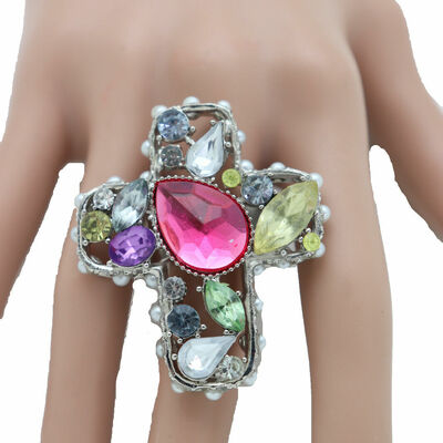 Women silver metal fashion ring stretch band cross religious jewelry weekend