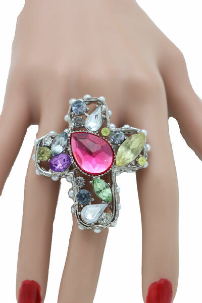 Women Silver Metal Fashion Ring Stretch Band Cross Religious Jewelry Weekend