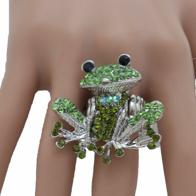 Women silver metal ring fashion jewelry elastic band green frog good looking