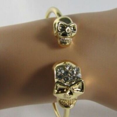 Gold cuff bracelet 2 skulls head rhinestone halloween women jewelry