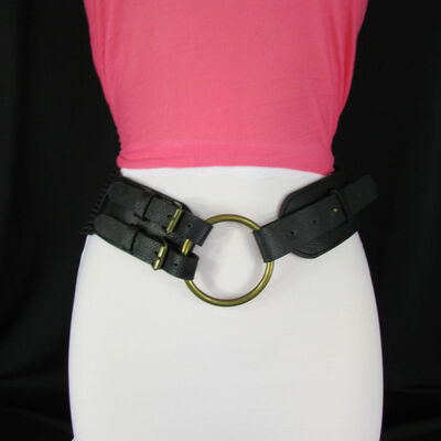 Women antique gold metal ring buckle black braided fashion belt hip waist s m