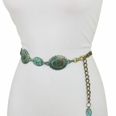 Women antique rustic gold metal chain ethnic charms belt turquoise blue size s m