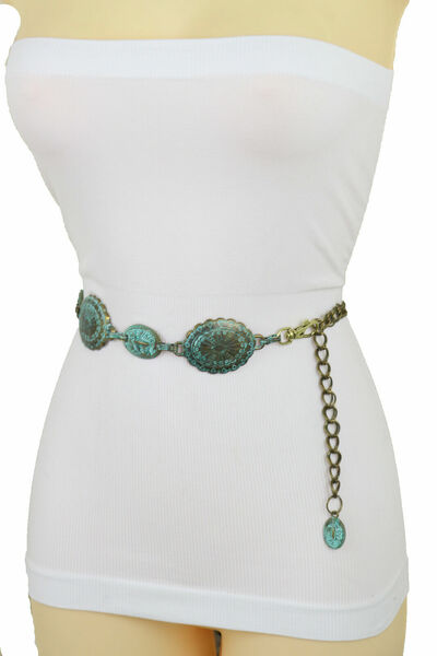Women Antique Rustic Gold Metal Chain Ethnic Charms Belt Turquoise Blue Size S M