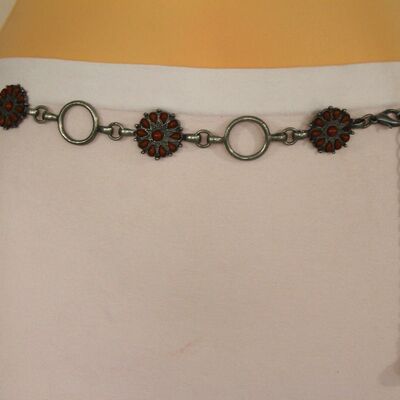 Women antique silver belt brown red beige beads metal chains hip waist s m l