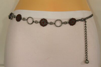Women Antique Silver Belt Brown Red Beige Beads Metal Chains Hip Waist S M L