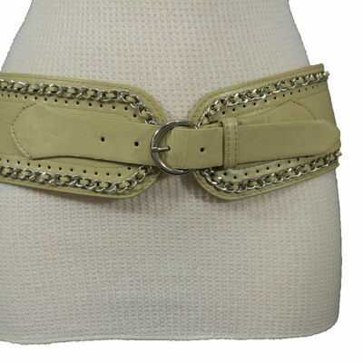 Women beige faux leather fashion belt hip waist silver metal chains size s m
