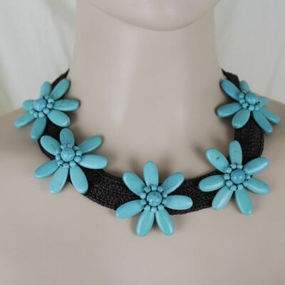 Women artsy brown strand bohemian fashion necklace turquoise blue flower charms