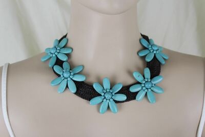 Women Artsy Brown Strand Bohemian Fashion Necklace Turquoise Blue Flower Charms
