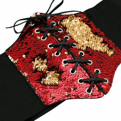 Women black wide elastic fashion corset high waist belt red gold sequins s m