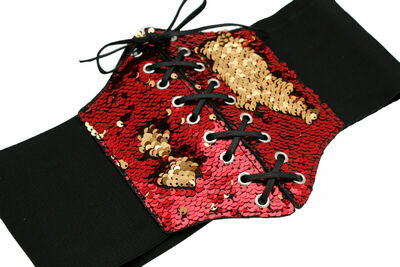 Women Black Wide Elastic Fashion Corset High Waist Belt Red Gold Sequins S M