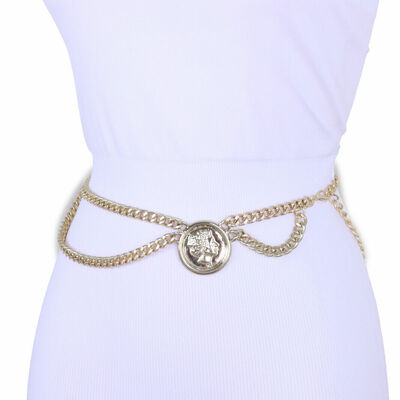 Women exquisite belt gold metal chain side wave coin charm buckle hip m l xl