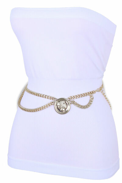 Women Exquisite Belt Gold Metal Chain Side Wave Coin Charm Buckle Hip M L XL