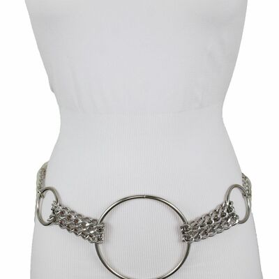 Women fancy bling party belt silver metal chain links big ring buckle xs s m
