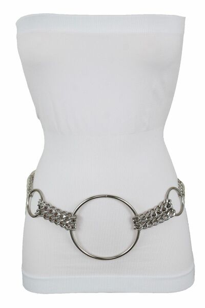 Women Fancy Bling Party Belt Silver Metal Chain Links Big Ring Buckle XS S M