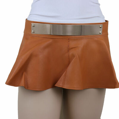 Women beige color faux leather rave party skirt tie belt gold metal plate s m
