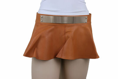 Women Beige Color Faux Leather Rave Party Skirt Tie Belt Gold Metal Plate S M