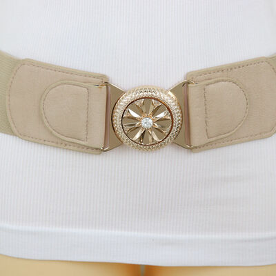 Women beige elastic fierce cool fashion belt gold metal flower buckle size s m