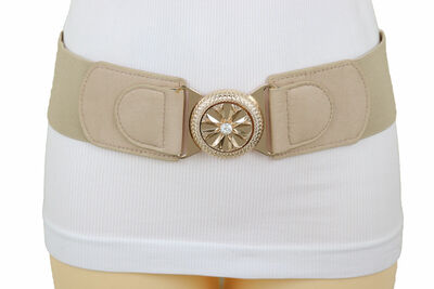 Women Beige Elastic Fierce Cool Fashion Belt Gold Metal Flower Buckle Size S M