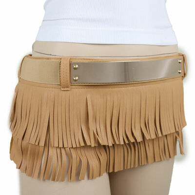 Women beige faux leather mini skirt tie fringes fashion belt gold metal size s m