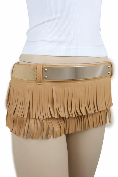 Women Beige Faux Leather Mini Skirt Tie Fringes Fashion Belt Gold Metal Size S M