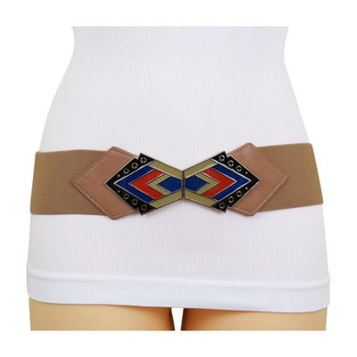 Women beige stretch band wide hip high waist belt tribal style buckle size s m