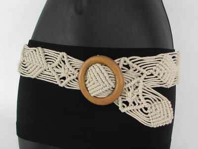 Women Beige White Brown Knited Braided Fabric Fashion Belt Round Wood Buckle S M
