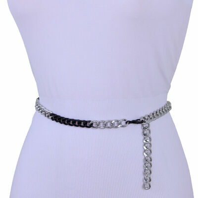 Women belt black silver color metal chain links skinny waisted hip waist xs s m