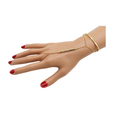 Women Gold Metal Hand Chain Bracelet Long Plate Connected Ring Stylish Bling