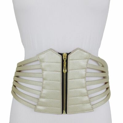 Women hip waist wide metallic light gold color elastic corset belt plus l xl