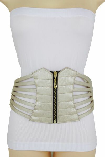 Women Hip Waist Wide Metallic Light Gold Color Elastic Corset Belt Plus L XL