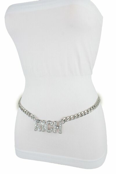 Women Belt Gangster Fashion High Waist Hip Silver Metal Chain RICH Buckle XS S M
