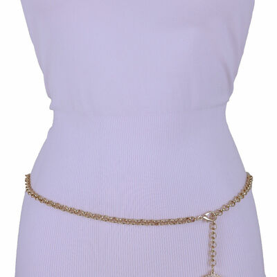 Women belt gold metal chain links waistband flower bling charm fit size m l xl