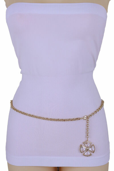 Women Belt Gold Metal Chain Links Waistband Flower Bling Charm Fit Size M L XL