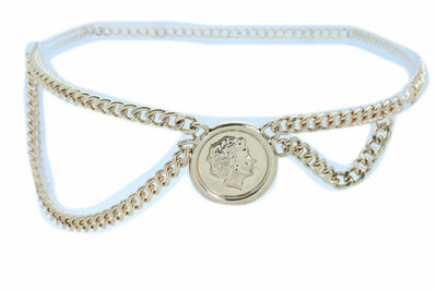 Women Belt Gold Metal Chain Side Wave Big Coin Night Club Party Time Size M L XL