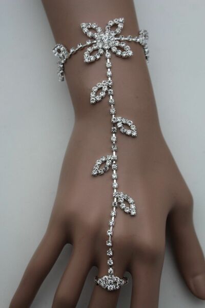 Women Silver Metal Fashion Hand Chain Leaf Flower Bracelet Floral Ring