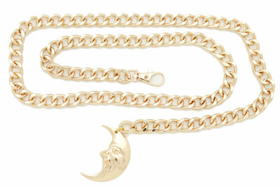 Women Stylish Fashion Thin Belt Gold Metal Chain Moon Charm Hip Waist M L XL
