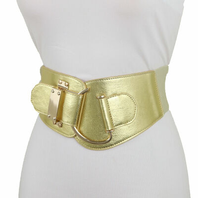 Women wide stetch gold color belt metal hook buckle celebrery style look s m