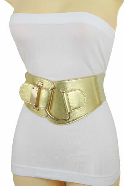 Women Wide Stetch Gold Color Belt Metal Hook Buckle Celebrery Style Look S M