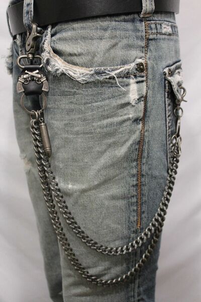 Men Antique Silver Metal Wallet Chain Key Chain Leather Guns Bullets Skull Jeans