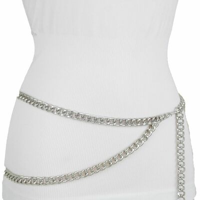 Women belt silver metal chain links hip high waist fashion size xs s m l xl xxl
