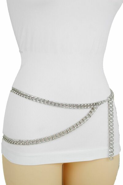 Women Belt Silver Metal Chain Links Hip High Waist Fashion Size XS S M L XL XXL