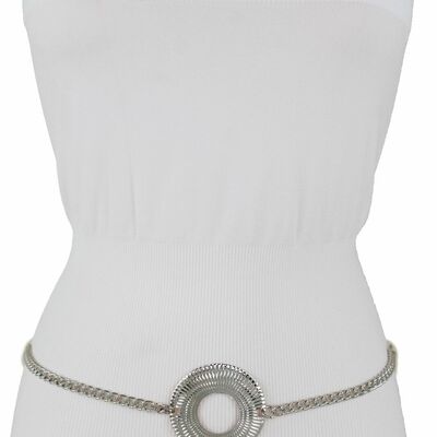 Women belt waist hip silver metal chain links big circle roud buckle size xs s m