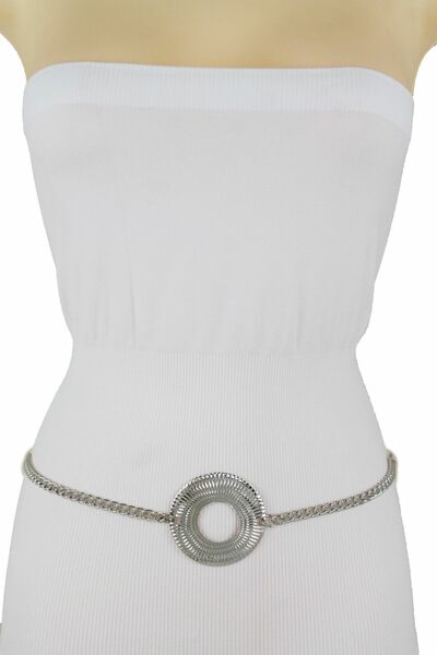 Women Belt Waist Hip Silver Metal Chain Links Big Circle Roud Buckle Size XS S M
