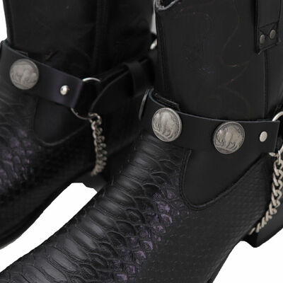 Men biker boot silver chain pair black faux leather strap buffalo bull charm