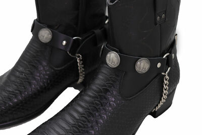 Men Biker Boot Silver Chain Pair Black Faux Leather Strap Buffalo Bull Charm