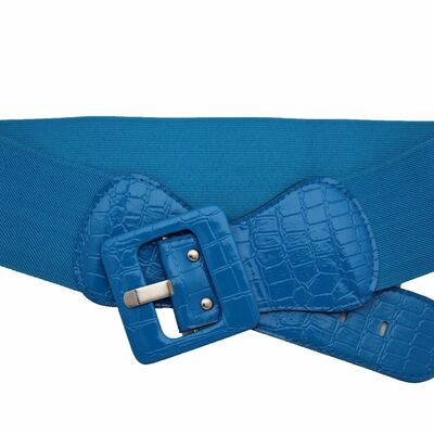 Women belt wide blue elastic fabric waistband big square buckle plus size m l xl