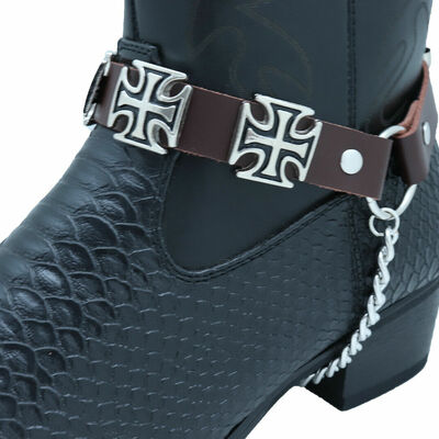 Men biker silver metal chain brown 2 bands boot straps cross charms weekend wear