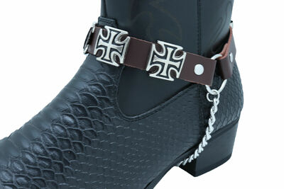 Men Biker Silver Metal Chain Brown 2 Bands Boot Straps Cross Charms Weekend Wear